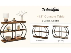Tribesigns Consola*Console industrial de mesa com três níveis, com estrutura de metal arqueada e prateleiras de armazenamento Castanho