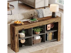 Console table com 160 cm de comprimento, mesa de entrada em madeira rústica com 6 cubos de armazenamento^Tribesigns Clearance