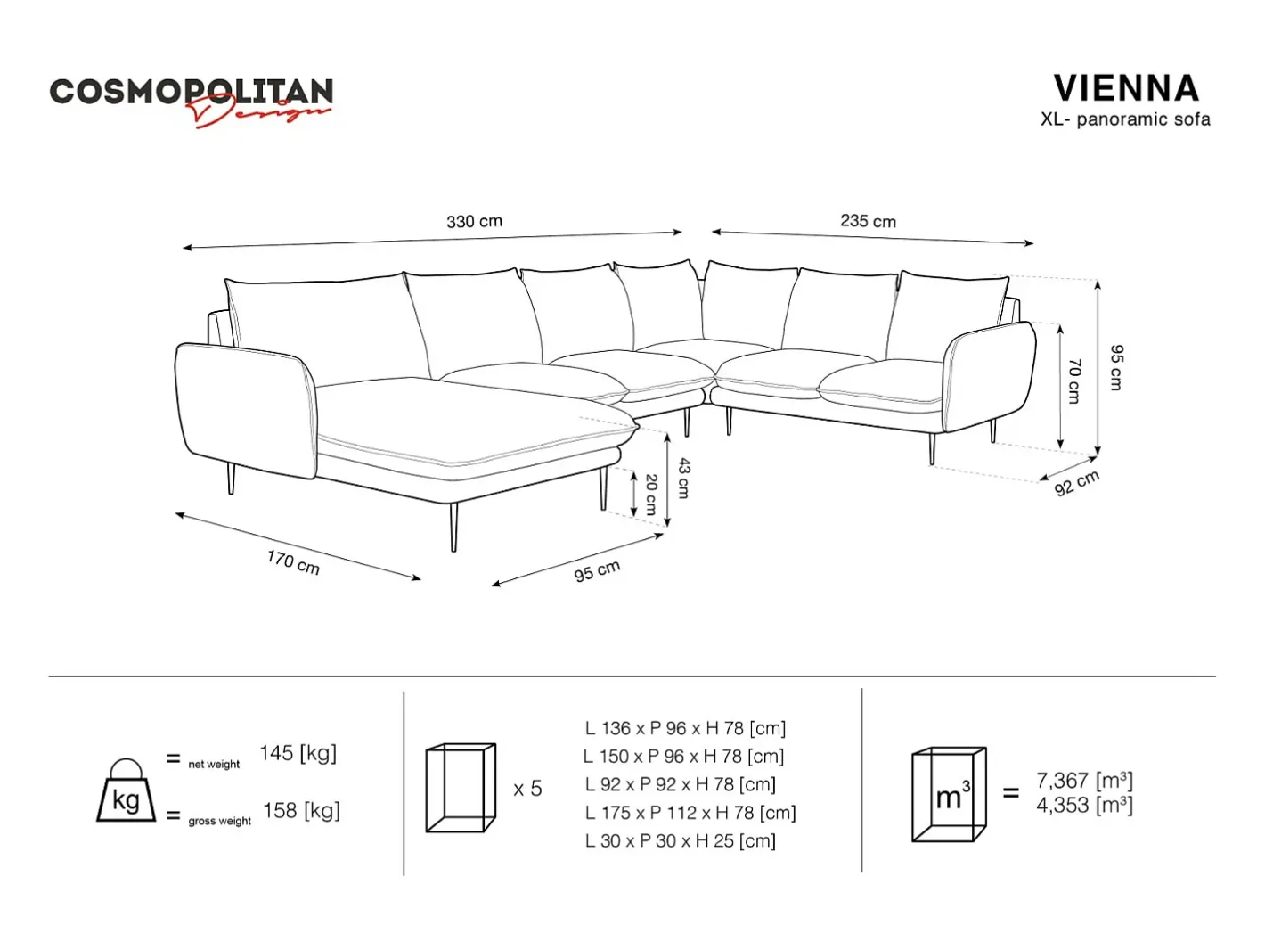 - Sofá de canto direito panorâmico "Vienna" 7 lugares em veludo cinza escuro - 330x235x95cm*Cosmopolitan Design Clearance