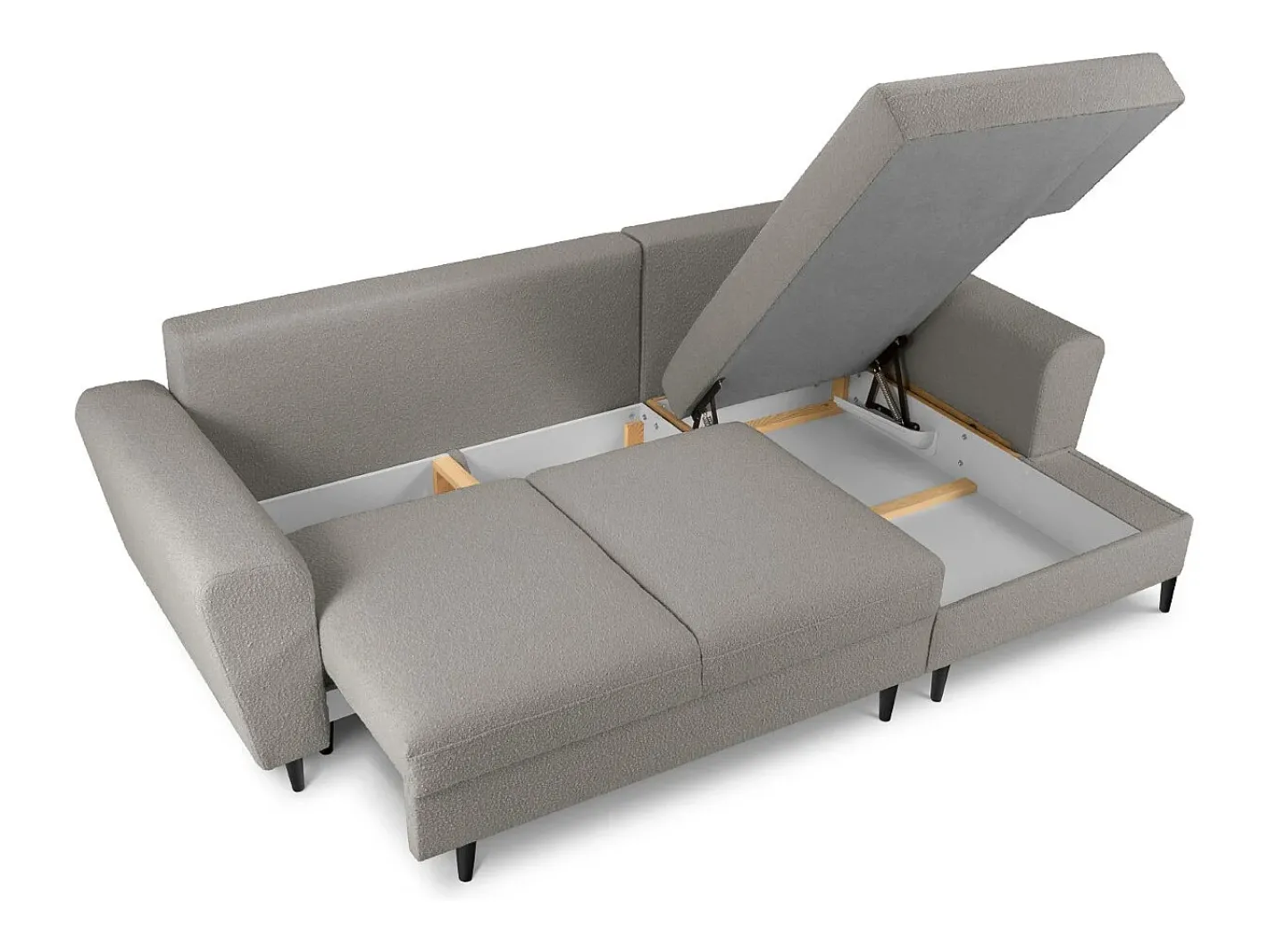 - Sofá convertível de canto direito com caixa de arrumação "Kyoto" 4 lugares em tecido bouclé cinza - 241x145x88cm*Cosmopolitan Design Online