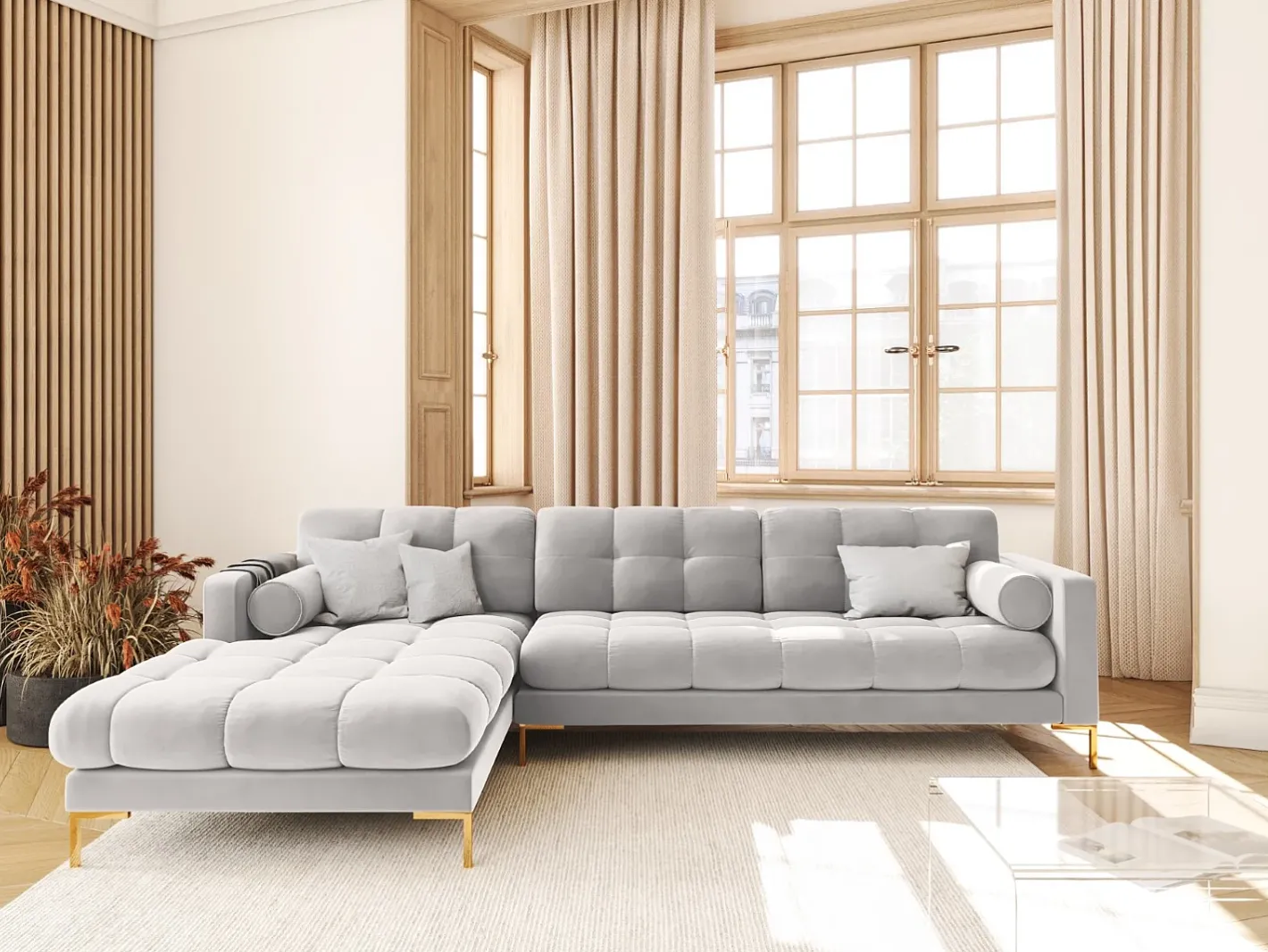 Cosmopolitan Design Sofá*- Sofá de canto esquerdo "Bali" 5 lugares em veludo prata - 293x185x75cm Prateado