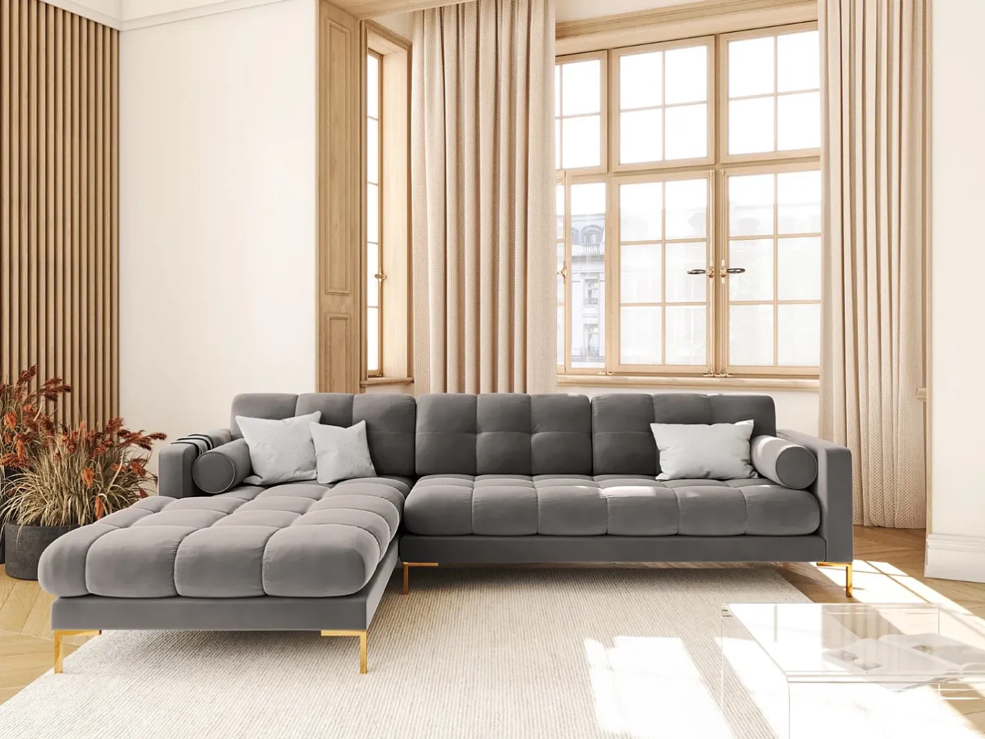 - Sofá de canto esquerdo "Bali" 5 lugares em veludo cinza claro - 293x185x75cm^Cosmopolitan Design Sale