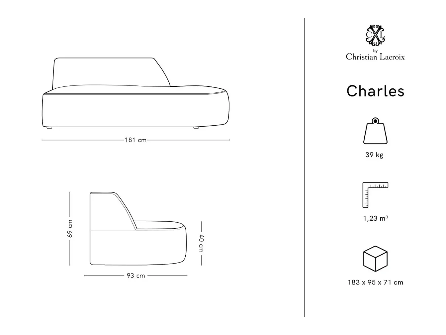 - Sofá modular direito "Charles" 2 lugares em veludo - 181x93x69cm*CXL by Christian Lacroix Discount
