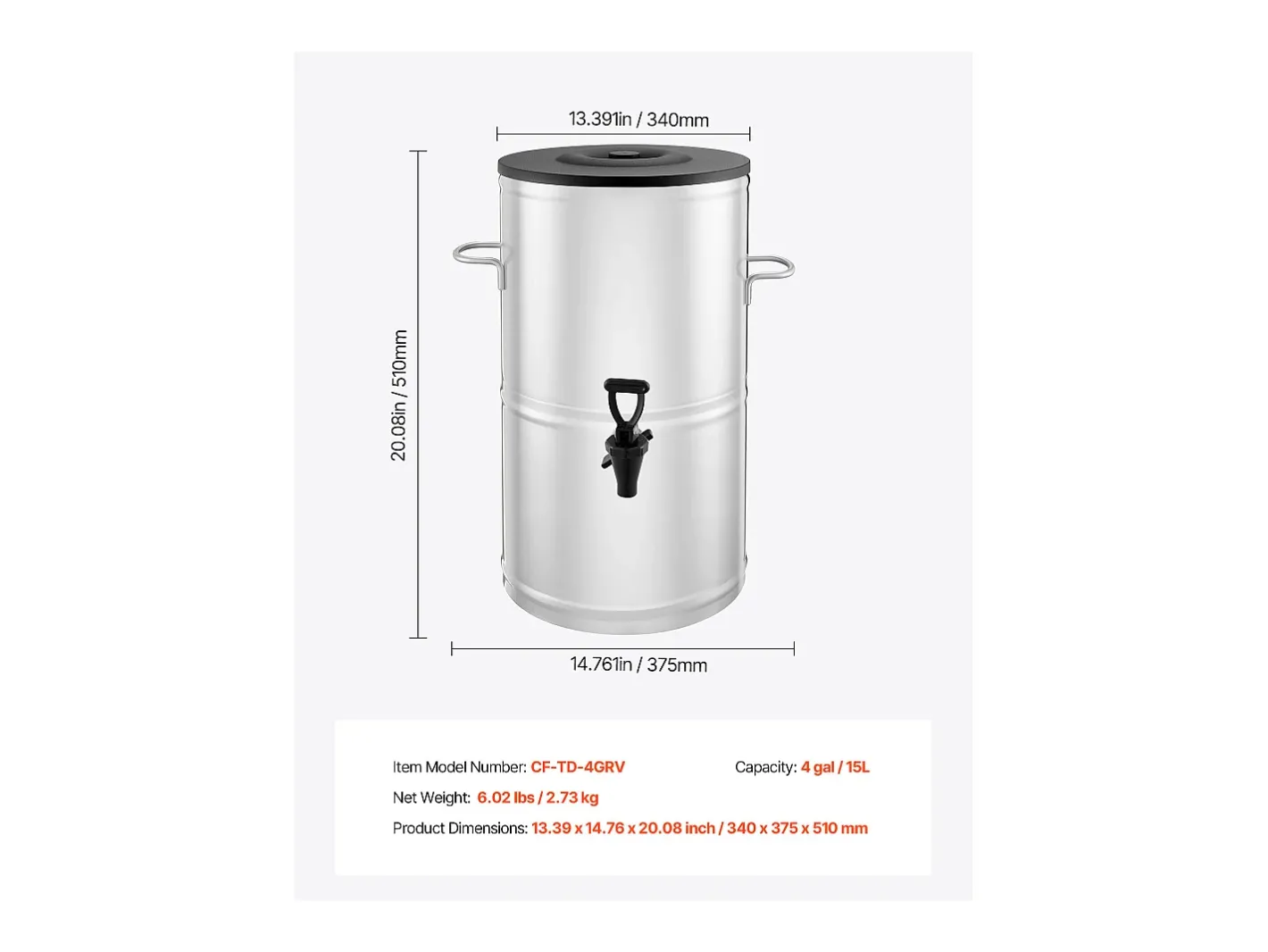 Distribuidor de Bebidas SucceBuy de 15 L, Fonte de Água Quente e Fria Não Elétrica com Torneira e Alça, Recipiente em Aço Inoxidável^ Hot