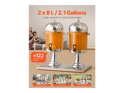 Acessório Vinho E Bar*Distribuidor de Bebidas SucceBuy, Capacidade 2x 8 L, Fonte de Água em Aço Inoxidável e Plástico, Distribuição de Sumo, Limonada, Chá Gelado, Café Prateado