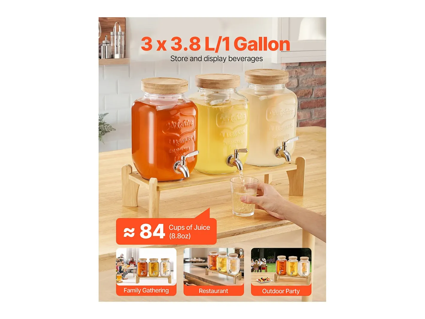 Distribuidor de Bebidas SucceBuy, Capacidade de 3,8 L, 3 Unidades, Fonte de Água em Vidro, Distribuição de Água, Sumo, Limonada, Chá Gelado, para Café^ Sale