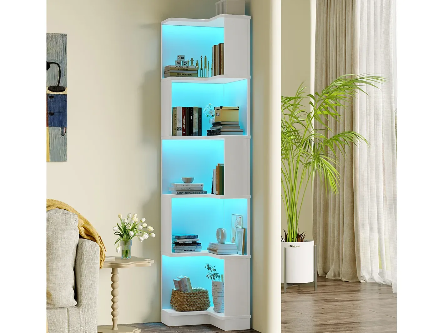 Discount Estante 63,5×45×175 cm - fita LED com mudança de cor - 5 níveis de armazenamento - design de canto - Biblioteca