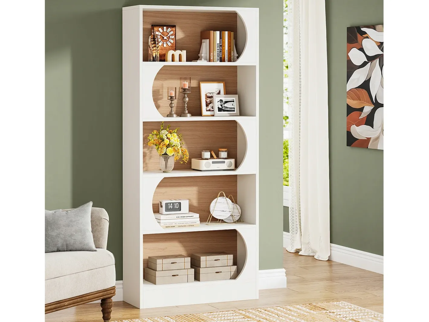 Tribesigns Biblioteca*Estante de 5 níveis , prateleiras de armazenamento de 180 cm, estante grande de cubo aberto, prateleiras de exposição de madeira para quarto, sala de estar, escritório, e nogueira Branco