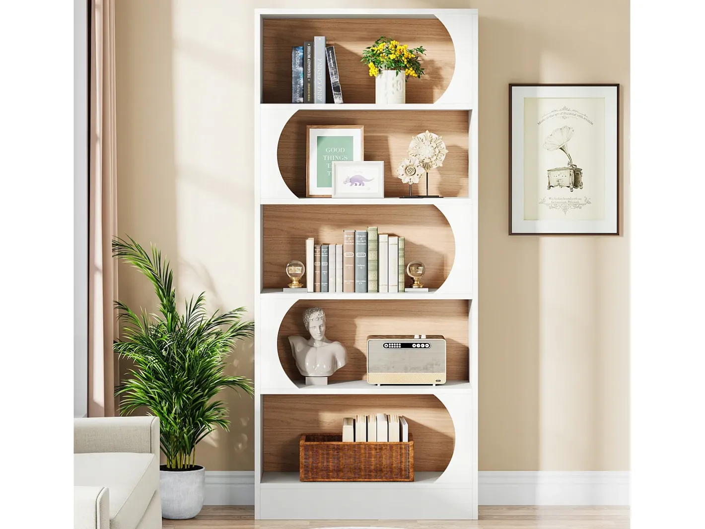 Tribesigns Biblioteca*Estante de 5 níveis , prateleiras de armazenamento de 180 cm, estante grande de cubo aberto, prateleiras de exposição de madeira para quarto, sala de estar, escritório, e nogueira Branco