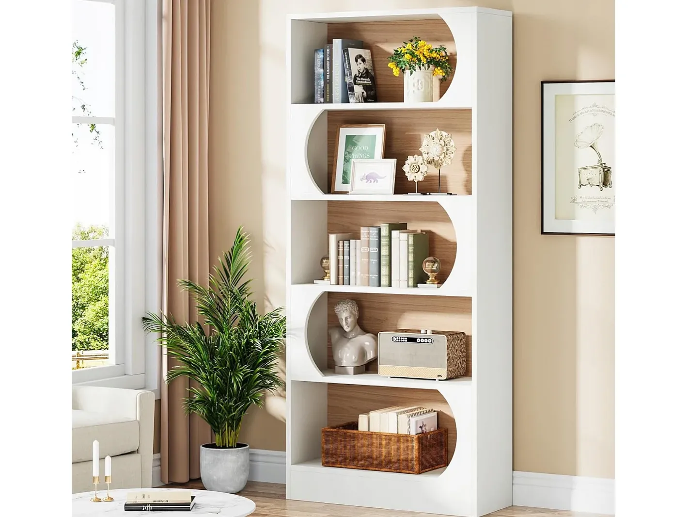 Tribesigns Biblioteca*Estante de 5 níveis , prateleiras de armazenamento de 180 cm, estante grande de cubo aberto, prateleiras de exposição de madeira para quarto, sala de estar, escritório, e nogueira Branco