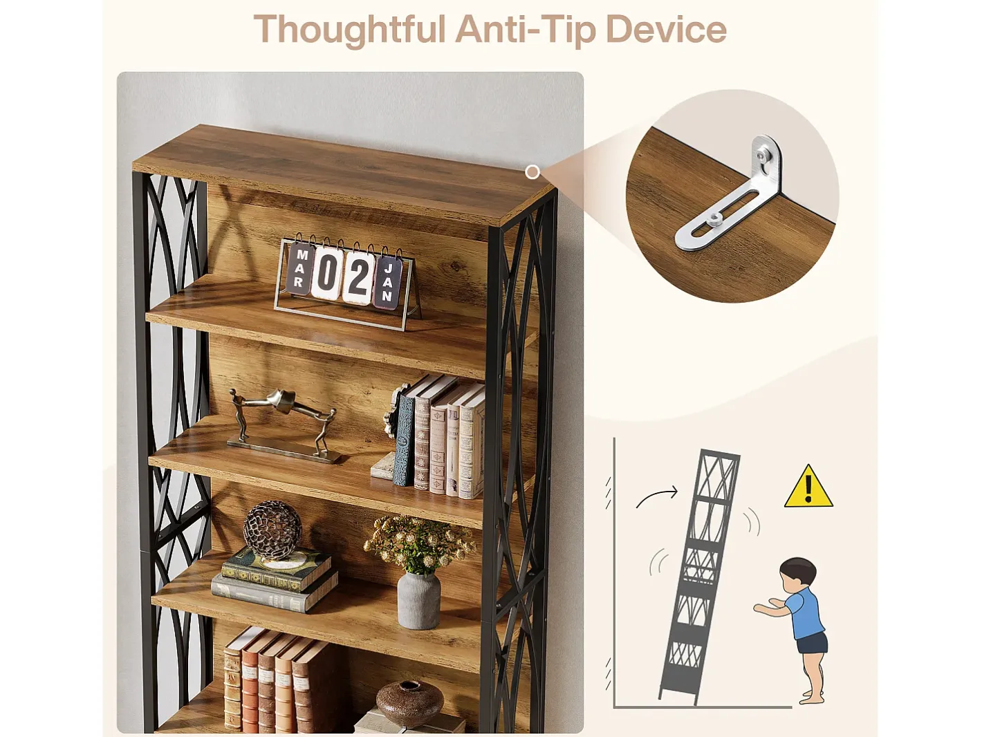 Best Estante de Livros de 180cm de Altura, Estante Industrial de 6 Andares com Estrutura Metálica Geométrica e Prateleiras de Armazenamento Abertas Biblioteca