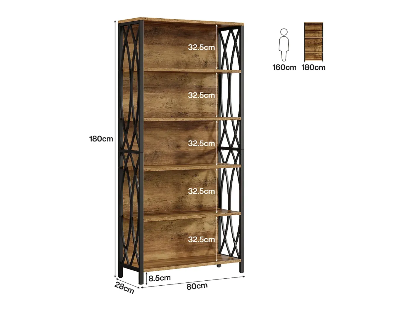 Best Estante de Livros de 180cm de Altura, Estante Industrial de 6 Andares com Estrutura Metálica Geométrica e Prateleiras de Armazenamento Abertas Biblioteca