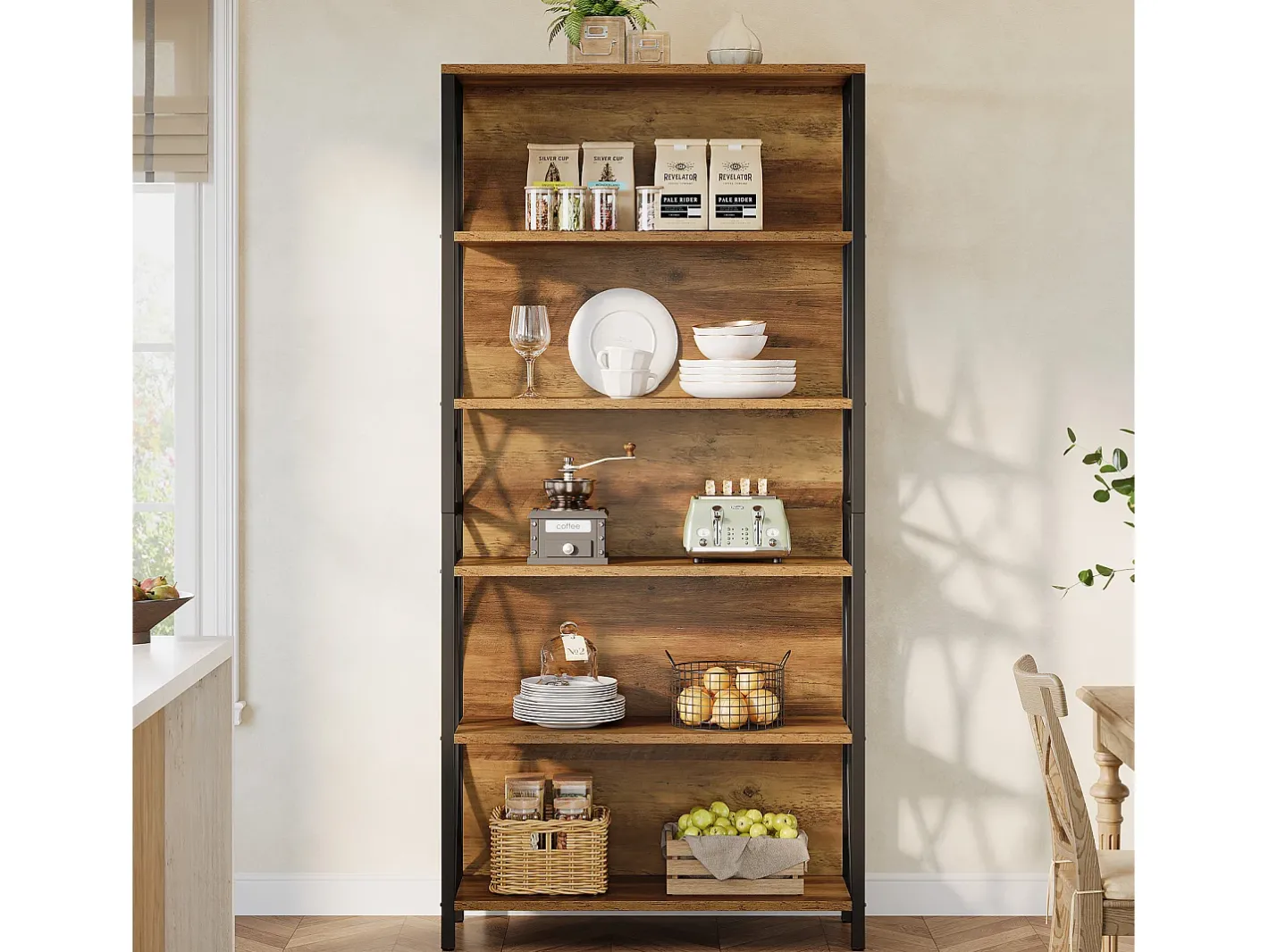 Best Estante de Livros de 180cm de Altura, Estante Industrial de 6 Andares com Estrutura Metálica Geométrica e Prateleiras de Armazenamento Abertas Biblioteca