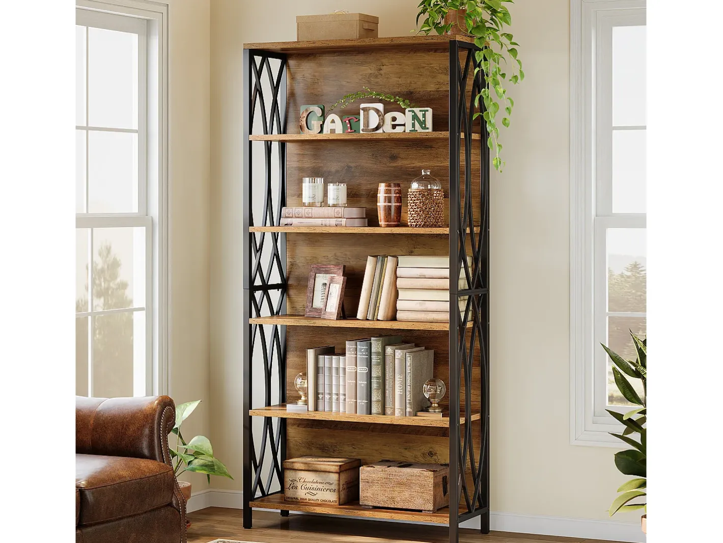 Best Estante de Livros de 180cm de Altura, Estante Industrial de 6 Andares com Estrutura Metálica Geométrica e Prateleiras de Armazenamento Abertas Biblioteca