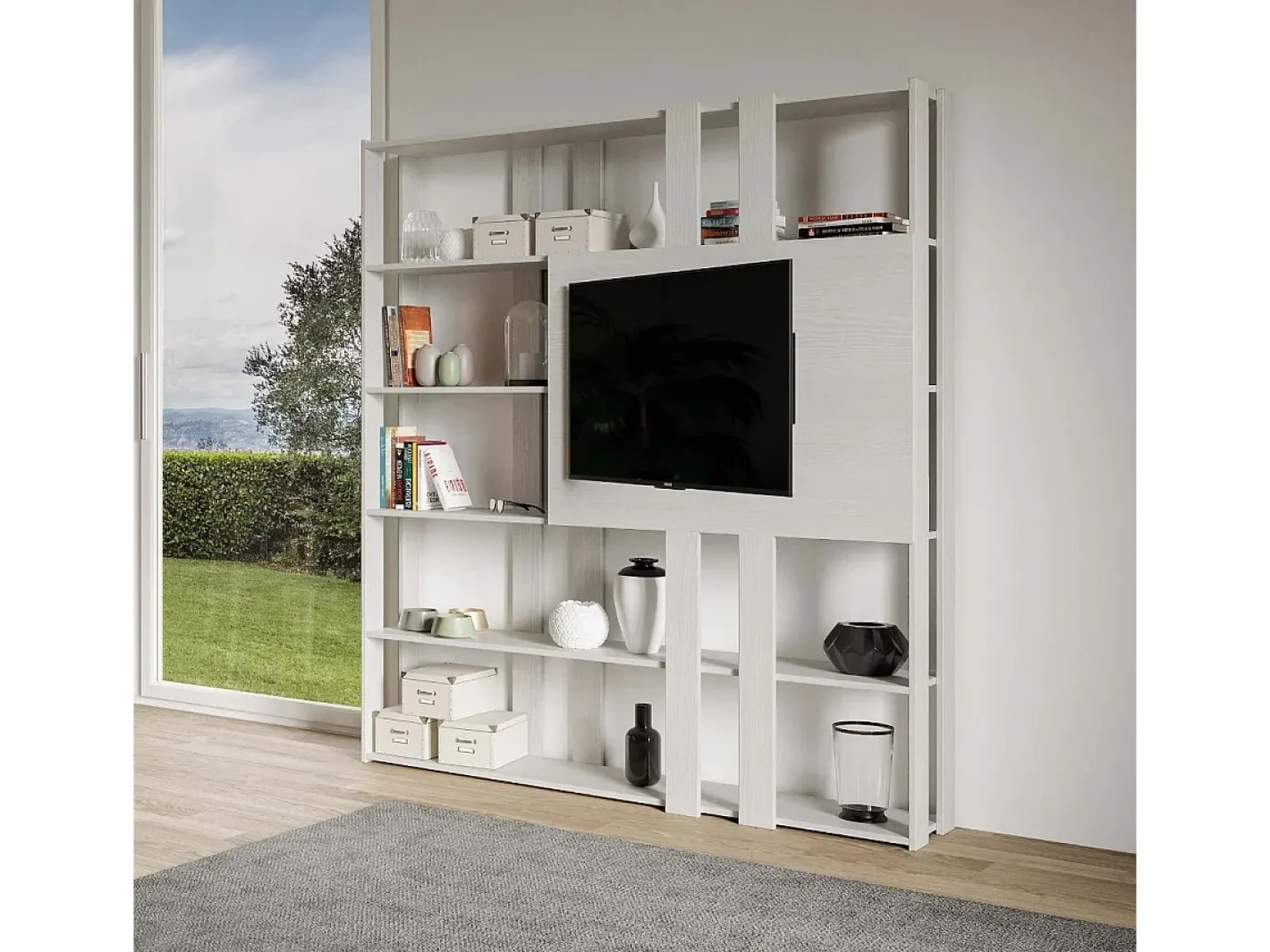Online Estante Kato N com suporte para TV cinza branca Biblioteca