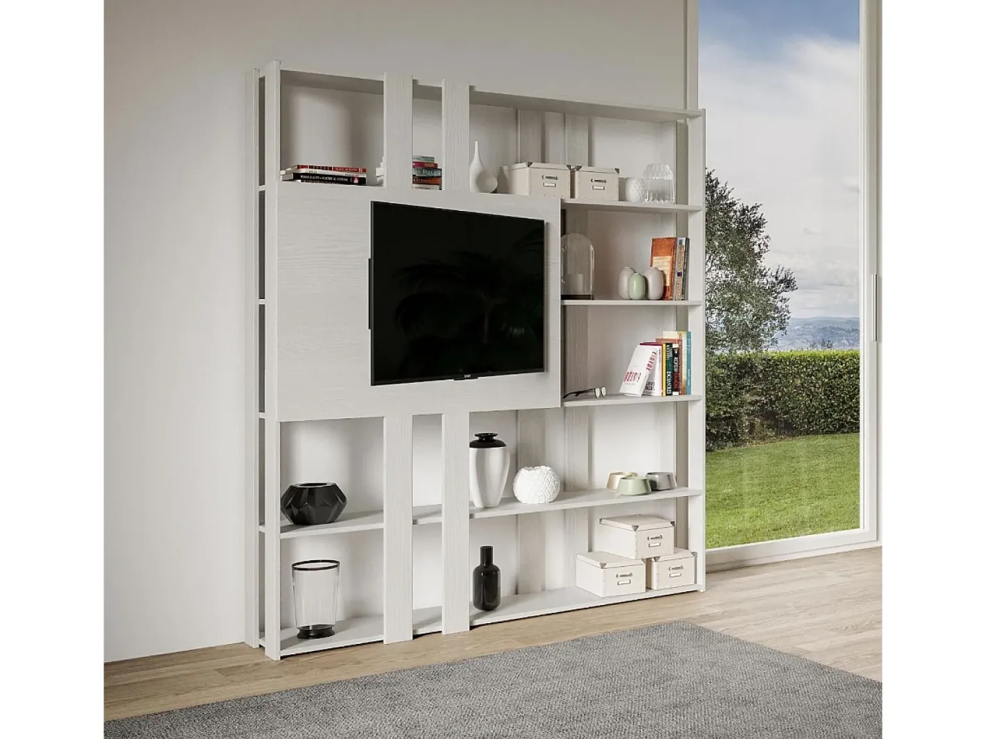 Online Estante Kato N com suporte para TV cinza branca Biblioteca