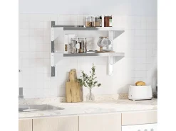 Prateleira*Estante parede 2 prateleiras 75x30x60 cm aço inoxidável prata PT165516 Prateado