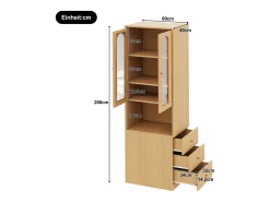 Estante/Vitrine - 60×40×200 cm - 3 gavetas laterais e 2 portas de vidro - LED - Lados esquerdo/direito reversíveis - Natural*ModernLuxe