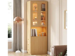 Estante/Vitrine - 60×40×200 cm - 3 gavetas laterais e 2 portas de vidro - LED - Lados esquerdo/direito reversíveis - Natural*ModernLuxe