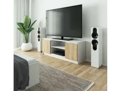 Gabinete de TV 140 cm Branco/Carvalho de Sonoma com 2 Portas e 2 Prateleiras, para Montagem DIY, 55 cm Altura, 40 cm Profundidade, Design Moderno^Akord New