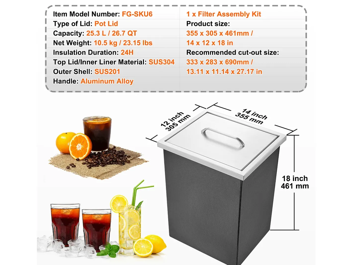 Acessório Vinho E Bar*Geladeira Embutida SucceBuy, 35,6 x 30,5 x 45,7 cm, Geladeira de Aço Inoxidável com Tampa Prateado