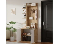 Best Guarda-roupa de entrada 75×33×180 cm - com cabides e organizador de sapatos - 5 compartimentos - 2 portas - natural + branco Móvel De Entrada