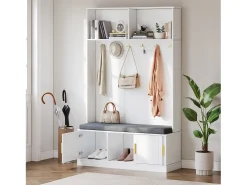 Hall de entrada moderno - com 6 ganchos e 3 portas - com banco e prateleiras abertas -^ModernLuxe Online
