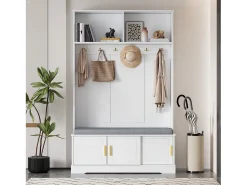 Hall de entrada moderno - com 6 ganchos e 3 portas - com banco e prateleiras abertas -^ModernLuxe Online