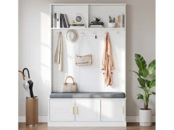 Hall de entrada moderno - com 6 ganchos e 3 portas - com banco e prateleiras abertas -^ModernLuxe Online