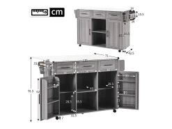 Clearance Ilha central de cozinha com 3 gavetas e portas de armazenamento - Tampo extensível - Pés em rodas ou em madeira - Cinza Móvel De Arrumação