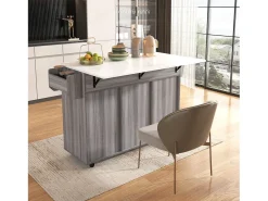 Clearance Ilha central de cozinha com 3 gavetas e portas de armazenamento - Tampo extensível - Pés em rodas ou em madeira - Cinza Móvel De Arrumação