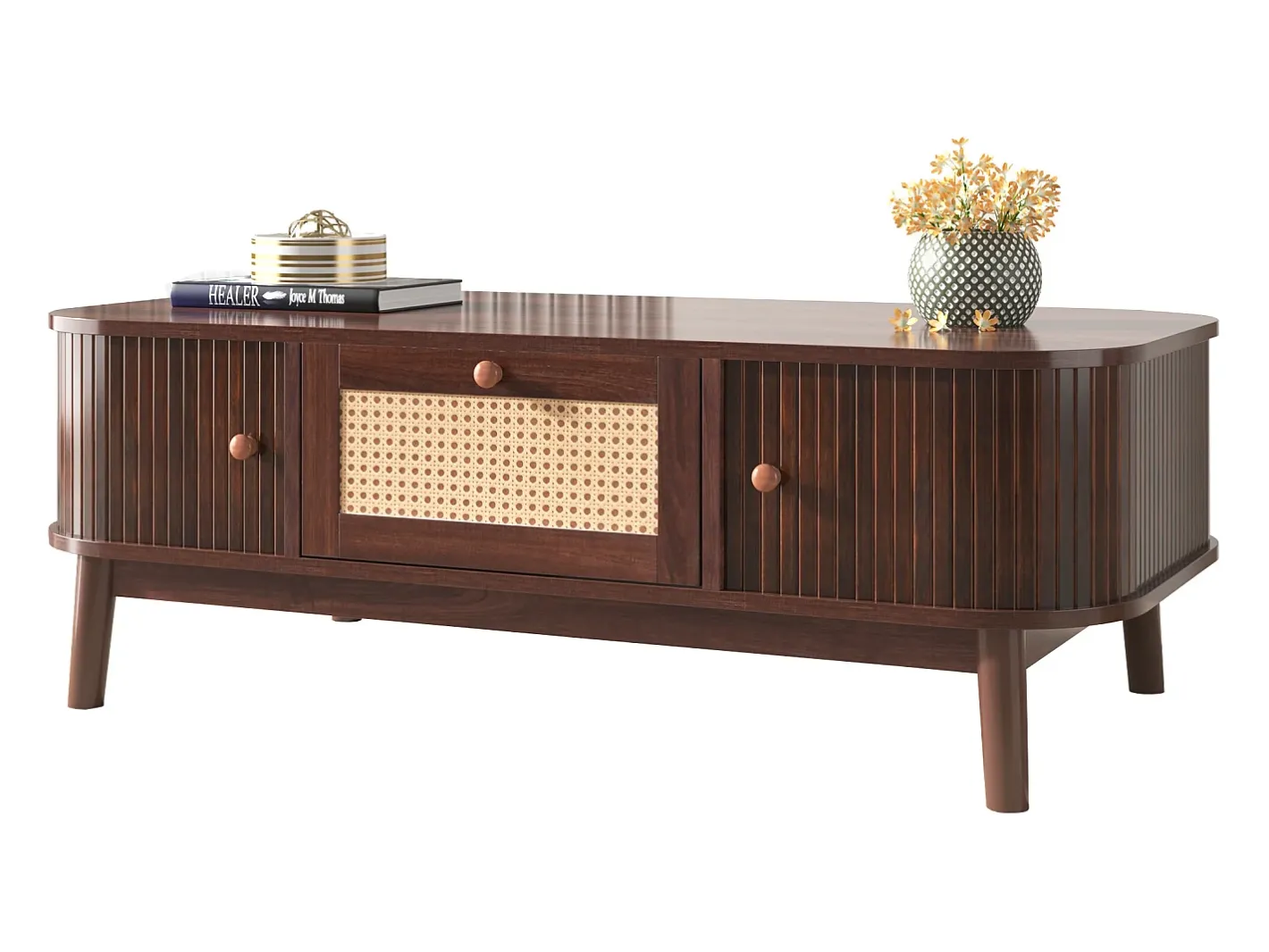 Mesa baixa de salão - decorada de rotin et de bois massif - estilo campagnard -^ModernLuxe Hot