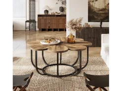 Tribesigns Mesa De Centro*Mesa Baixa Marrom e Preta, Mesa Auxiliar Moderna de 100 cm com Tampo de Madeira em Forma de Flor e Estrutura de Metal para Sala de Estar, Quarto Castanho
