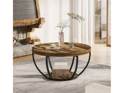 Mesa baixa redonda industrial com dois níveis e prateleiras de armazenamento, mesa central moderna em madeira de 80 cm*Tribesigns New