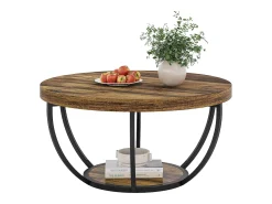 Mesa baixa redonda industrial com dois níveis e prateleiras de armazenamento, mesa central moderna em madeira de 80 cm*Tribesigns New