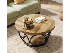 Mesa Baixa Redonda, Mesa de Sala, Mesa do Sofá, Estrutura de Metal, Mesa Baixa de 2 andares, Mesa Baixa, Fácil de Montar, Grão de Madeira^Tribesigns Sale