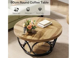 Mesa Baixa Redonda, Mesa de Sala, Mesa do Sofá, Estrutura de Metal, Mesa Baixa de 2 andares, Mesa Baixa, Fácil de Montar, Grão de Madeira^Tribesigns Sale