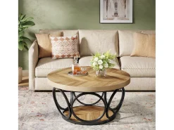Mesa Baixa Redonda, Mesa de Sala, Mesa do Sofá, Estrutura de Metal, Mesa Baixa de 2 andares, Mesa Baixa, Fácil de Montar, Grão de Madeira^Tribesigns Sale
