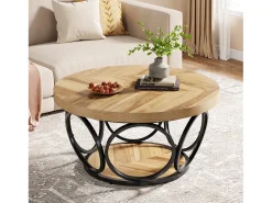 Mesa Baixa Redonda, Mesa de Sala, Mesa do Sofá, Estrutura de Metal, Mesa Baixa de 2 andares, Mesa Baixa, Fácil de Montar, Grão de Madeira^Tribesigns Sale