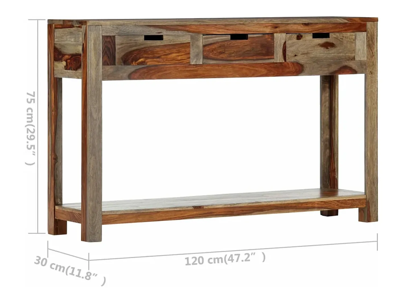 vidaxl Consola*Mesa consola c/ 3 gavetas 120x30x75 cm madeira acácia maciça Cinzento