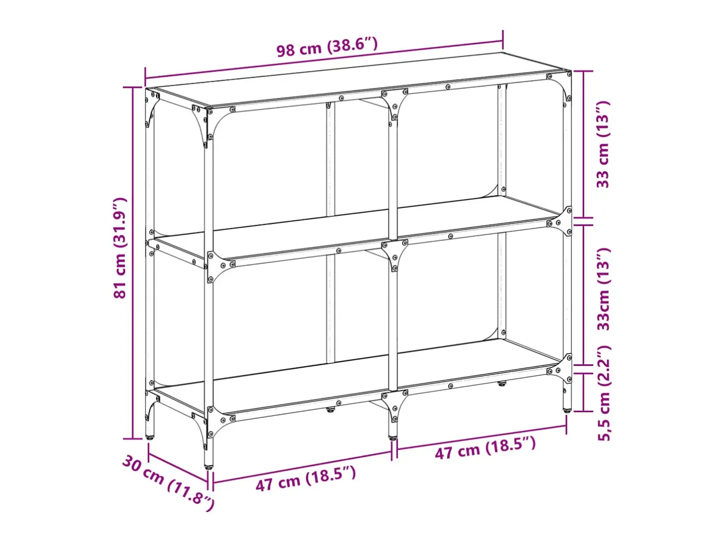 vidaxl Consola*Mesa consola com tampo em vidro 98x30x81 cm aço Transparente