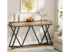 Tribesigns Consola*Mesa consola de 140 cm, mesa de entrada em madeira com base em metal exclusiva, mesa de centro, mesa de hall de entrada, mesa de destaque industrial para corredor, sala de estar, entrada Castanho