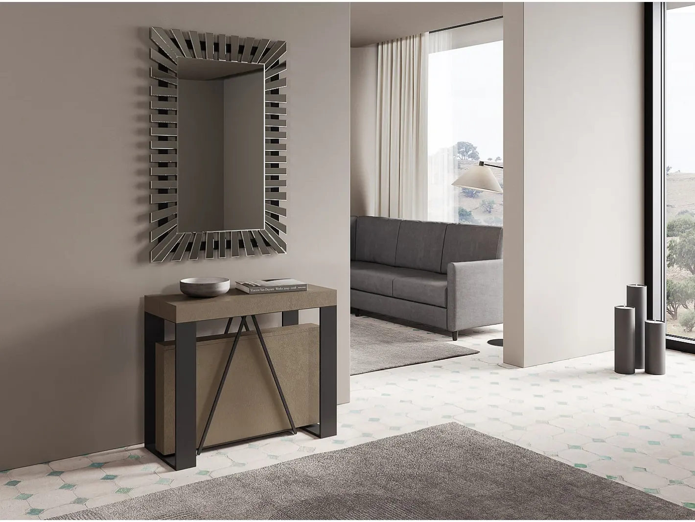 Ityhome Consola*Mesa consola extensível 90x40/196 cm Zamat Small tortora quadro antracite Castanho