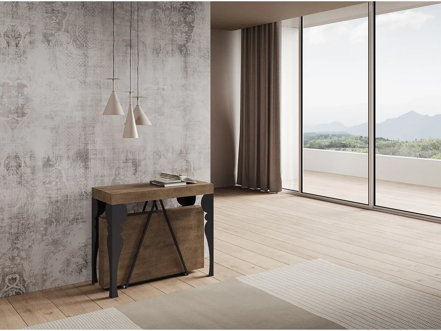 Ityhome Consola*Mesa consola extensível 90x40/196 cm Riza Small nogueira quadro antracite Castanho