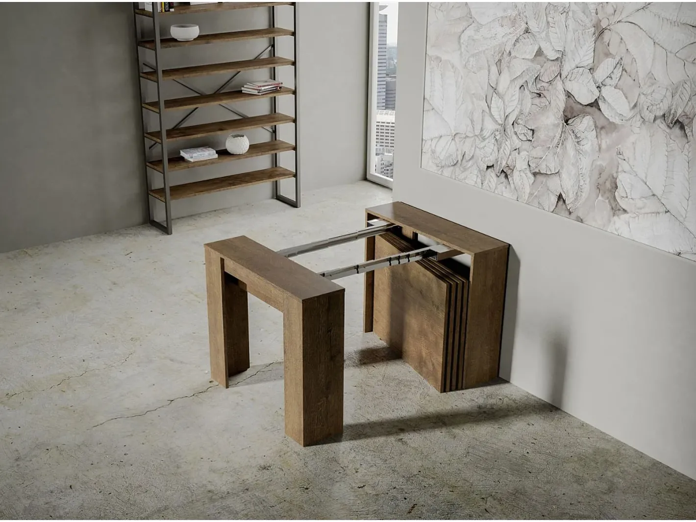 Mesa consola extensível 90x48/296 cm Venus Nogueira extensões internas Consola