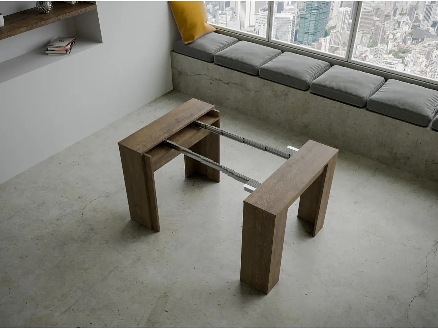 Mesa consola extensível 90x48/296 cm Venus Nogueira extensões internas Consola