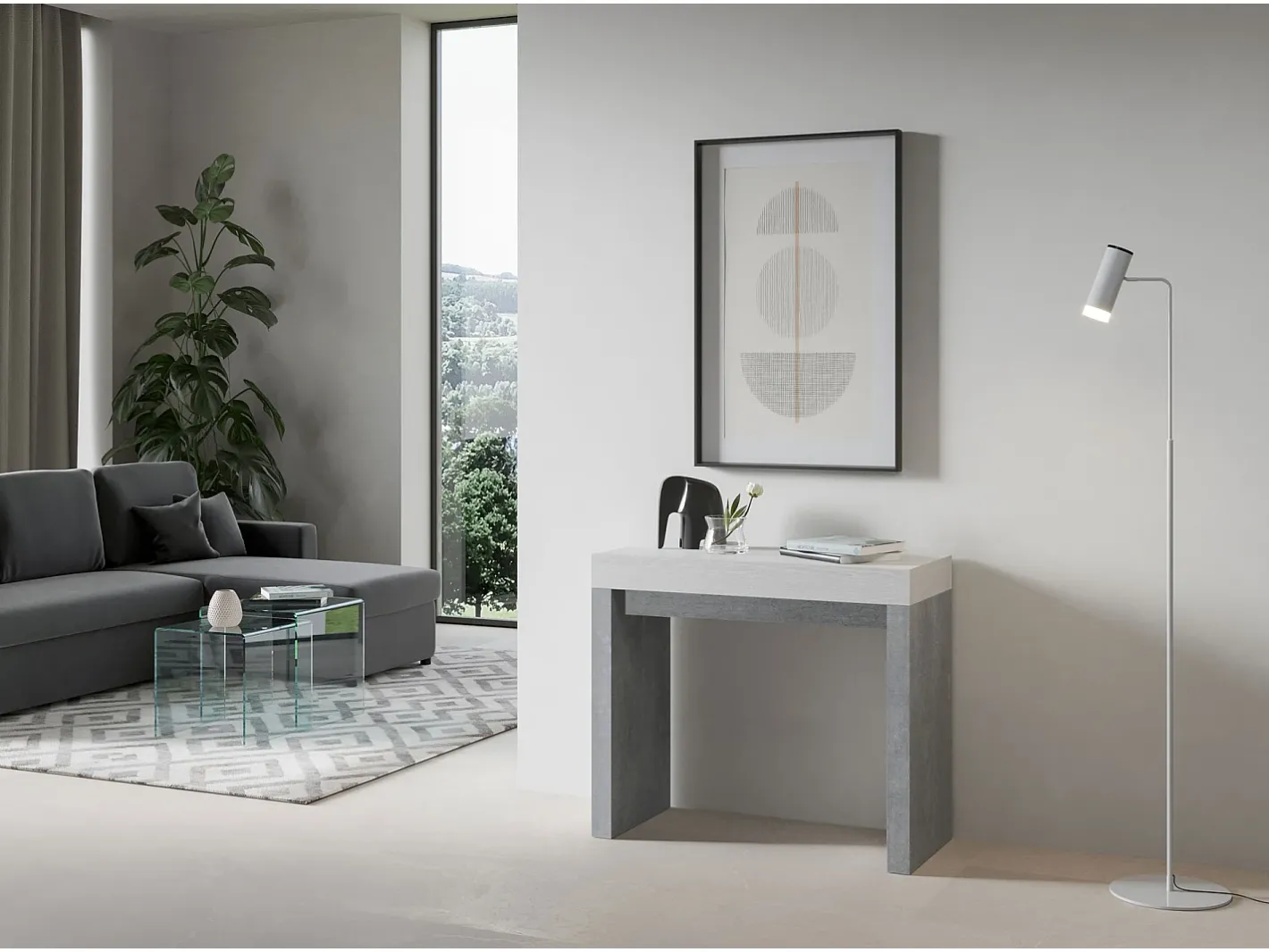 ITAMOBY Consola*Mesa consola extensível 90x40/196 cm Roxell Mix Small plano Cinza Branca - estrutura Cimento Cinzento / Branco
