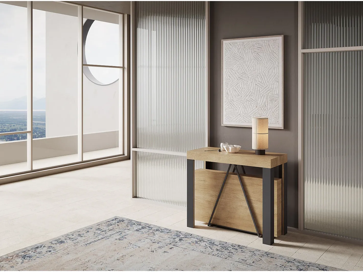 Ityhome Consola*Mesa consola extensível 90x40/196 cm Tarax Small carvalho natural quadro antracite Castanho