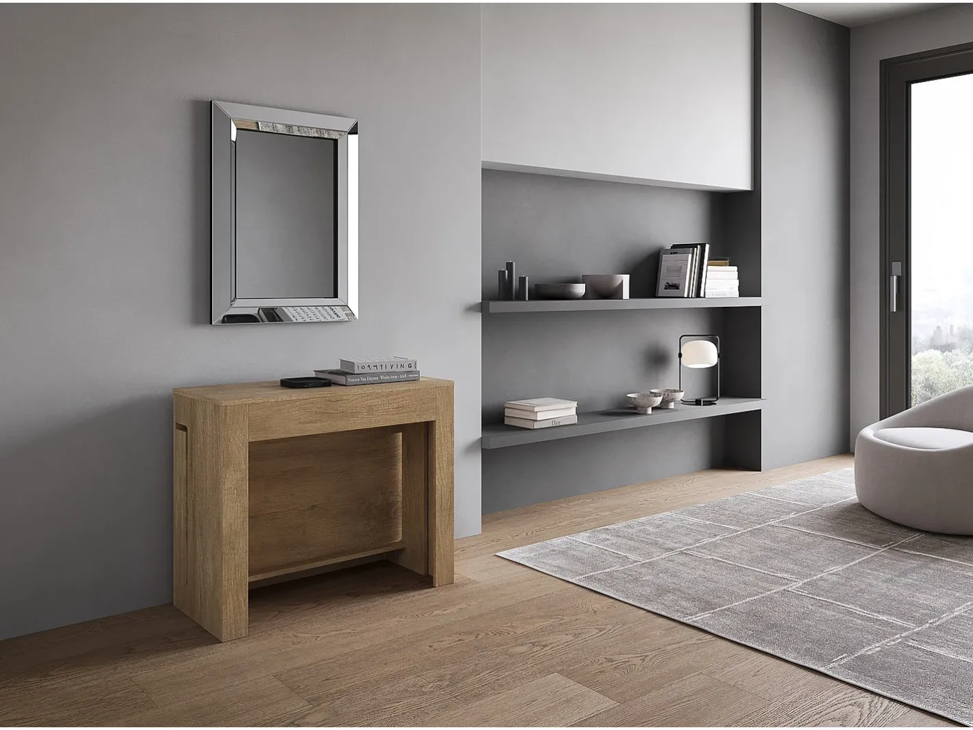 Mesa consola extensível 90x42/302 cm Evolve Carvalho Natural extensões internas com banco inferior^ITAMOBY Clearance