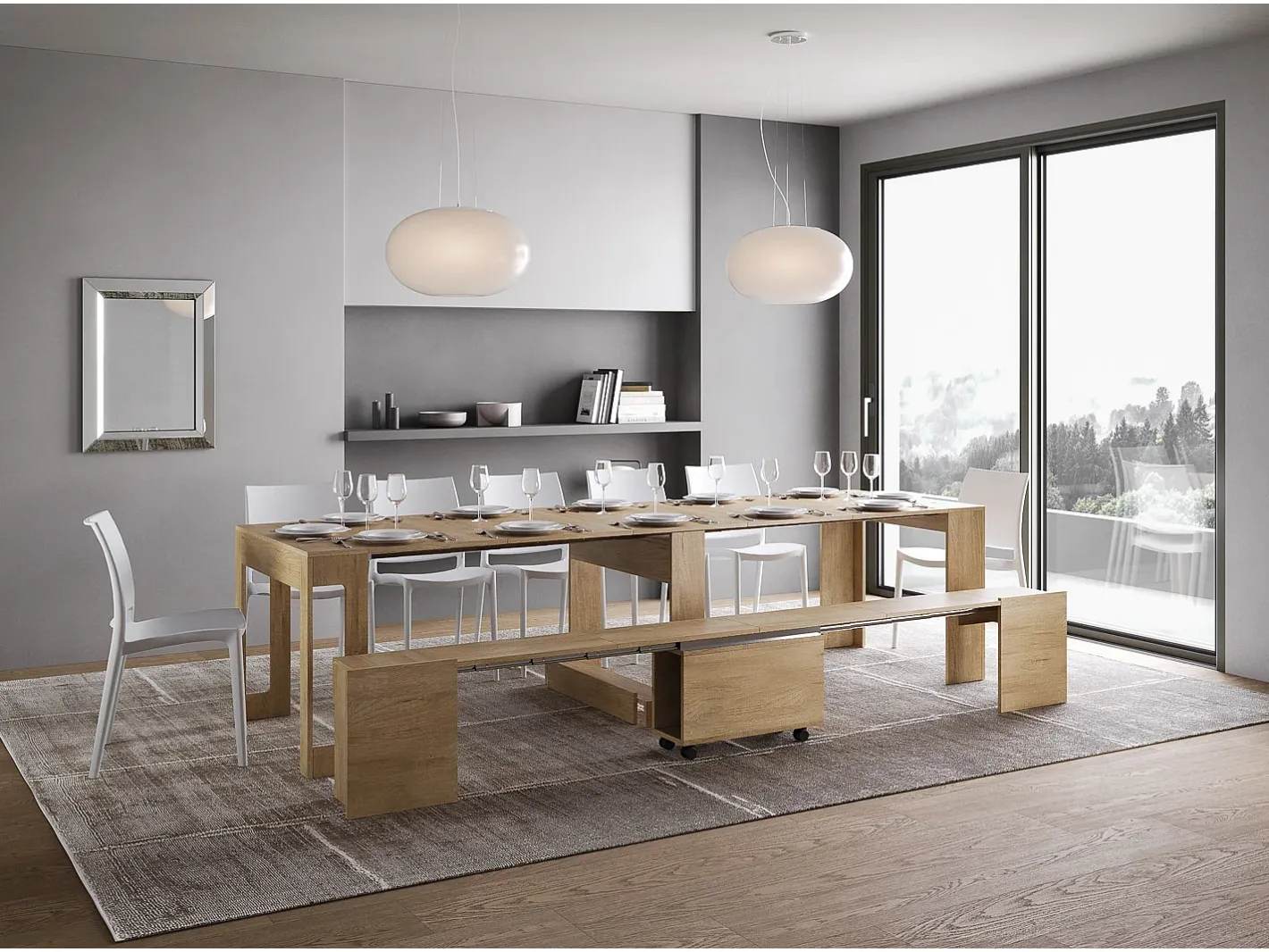 Mesa consola extensível 90x42/302 cm Evolve Carvalho Natural extensões internas com banco inferior^ITAMOBY Clearance